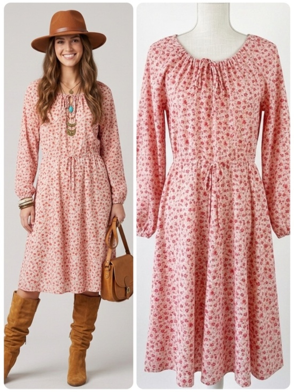 Vintage 70s Melissa Lane Red Pink Ditsy Floral Long Sleeve Midi Dress Size 8